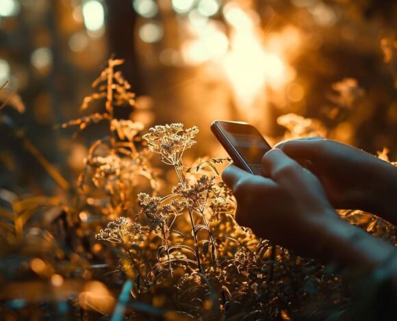 Person using smartphone in a field at sunset with warm golden light filtering through foliage.