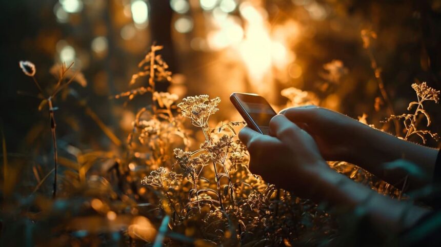 Person using smartphone in a field at sunset with warm golden light filtering through foliage.