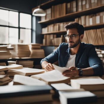 Focused man reading papers amidst piles of books in a library setting.