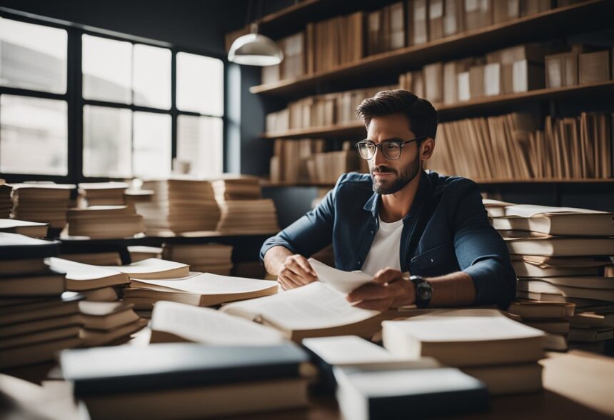 Focused man reading papers amidst piles of books in a library setting.