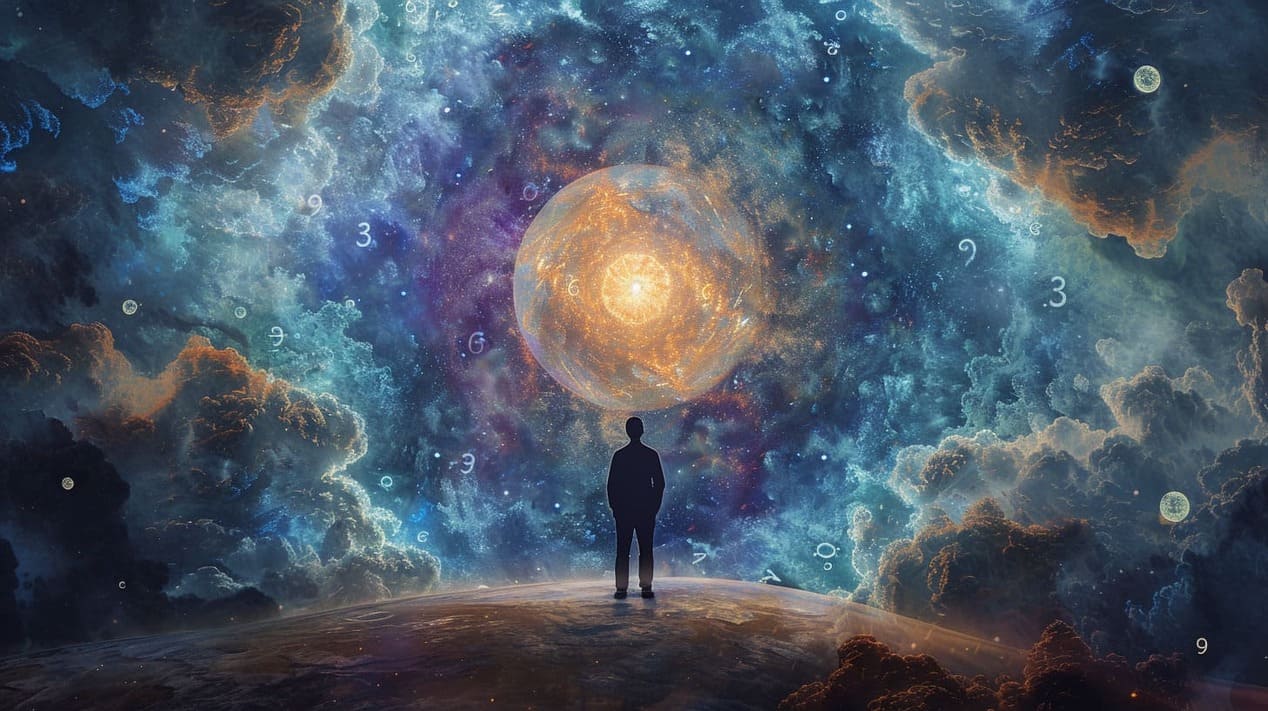 Person standing on a planet gazing at a vibrant cosmic nebula and glowing celestial orb in a starry universe.