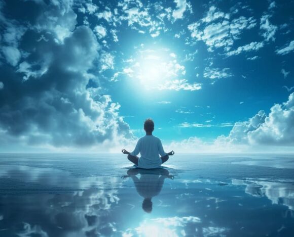 Person meditating in lotus pose on reflective water surface with serene blue sky and clouds background.