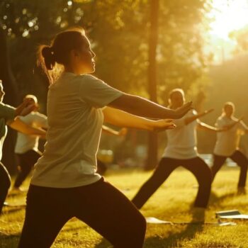 Group of people practicing yoga in the park at sunset.