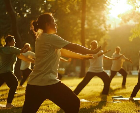 Group of people practicing yoga in the park at sunset.