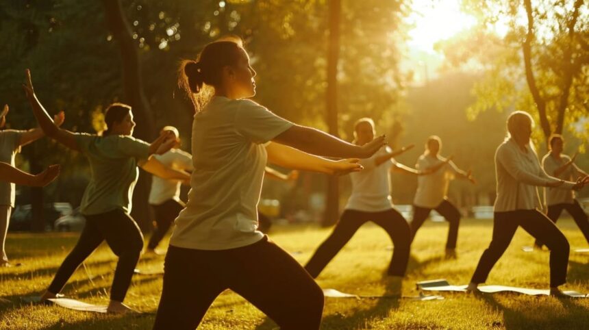 Group of people practicing yoga in the park at sunset.