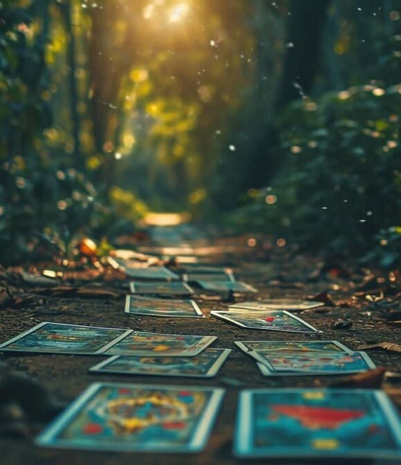 Sunlight filtering through trees on a forest pathway lined with tarot cards.