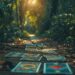 Sunlight filtering through trees on a forest pathway lined with tarot cards.