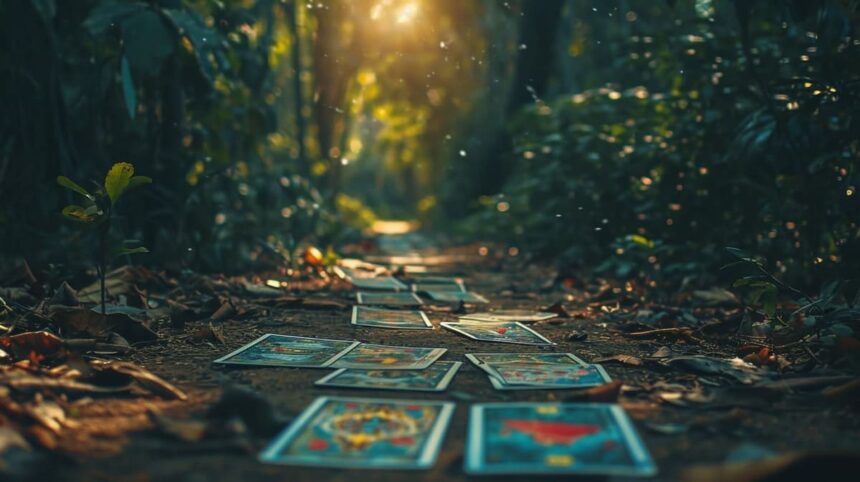 Sunlight filtering through trees on a forest pathway lined with tarot cards.