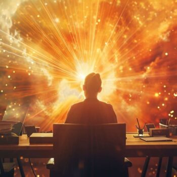 Woman sitting at desk with explosive fireworks display in the background, symbolizing creativity and inspiration in the workplace.