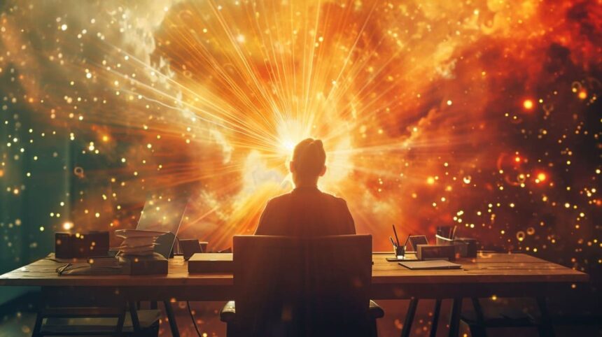 Woman sitting at desk with explosive fireworks display in the background, symbolizing creativity and inspiration in the workplace.