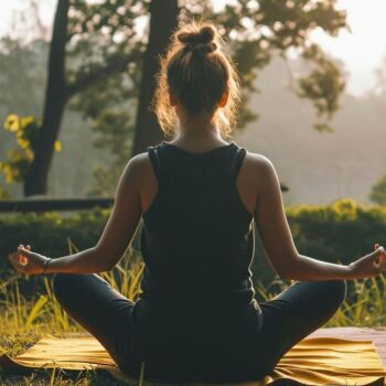 Woman practicing meditation in nature at sunrise