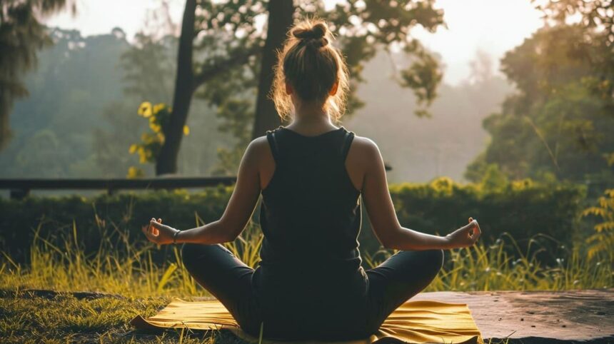 Woman practicing meditation in nature at sunrise