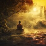 Person meditating by water with sunset and misty waterfall background