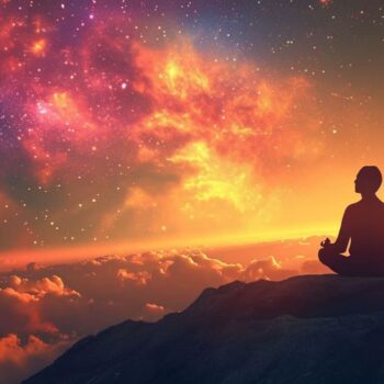 Person meditating on a mountain peak at sunset with vibrant cosmic nebula and starry sky background.