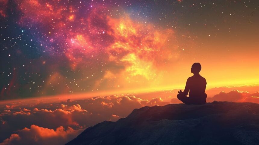 Person meditating on a mountain peak at sunset with vibrant cosmic nebula and starry sky background.
