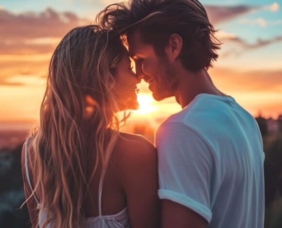 Couple enjoying sunset embrace, romantic moment against scenic view of sky and landscape