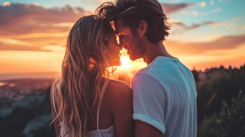 Couple enjoying sunset embrace, romantic moment against scenic view of sky and landscape