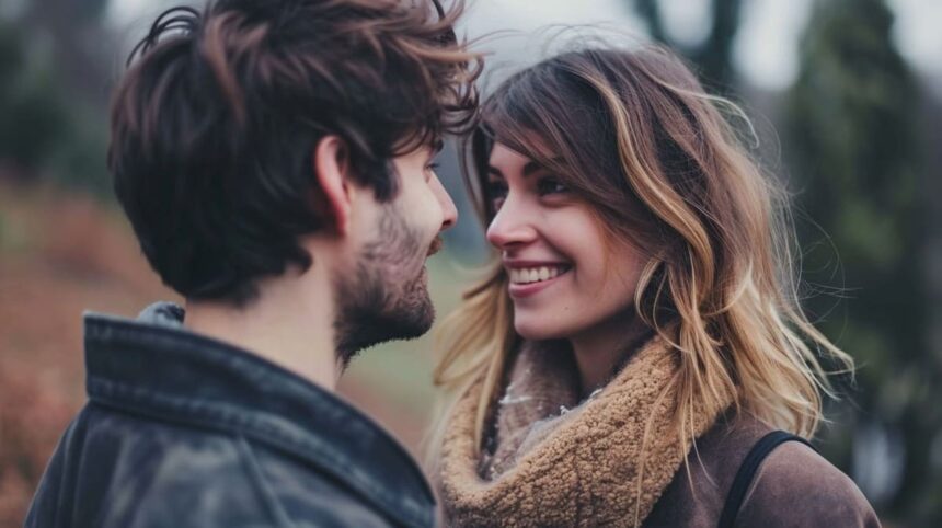 Happy couple sharing an intimate moment with loving eye contact outdoors