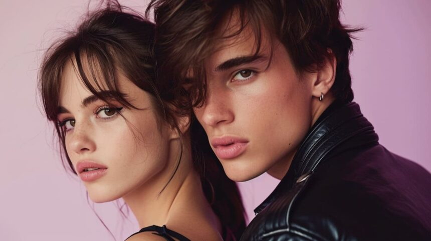 Fashionable young couple posing against a pink background with woman looking over her shoulder and man wearing a black leather jacket.