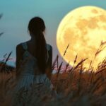 Woman in white dress standing in field gazing at full moon at dusk