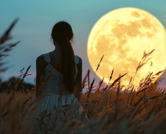 Woman in white dress standing in field gazing at full moon at dusk