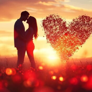 Couple silhouetted against sunset with heart-shaped swarm of red particles above a field of flowers