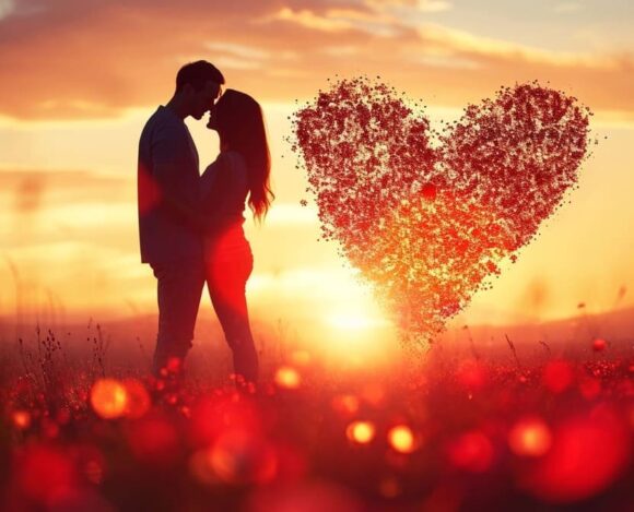 Couple silhouetted against sunset with heart-shaped swarm of red particles above a field of flowers