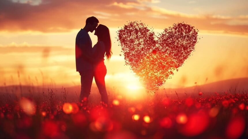 Couple silhouetted against sunset with heart-shaped swarm of red particles above a field of flowers