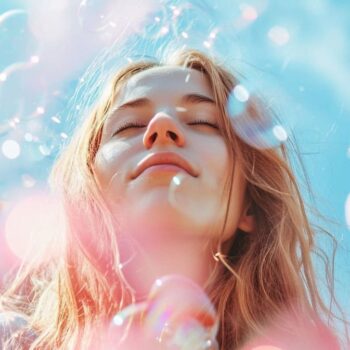 Young woman enjoying sunlight amidst soap bubbles against a blue sky background.