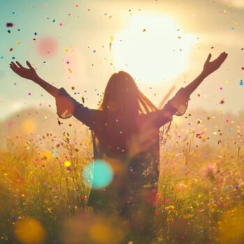 Woman enjoying freedom in a meadow with colorful confetti floating in the air at sunset