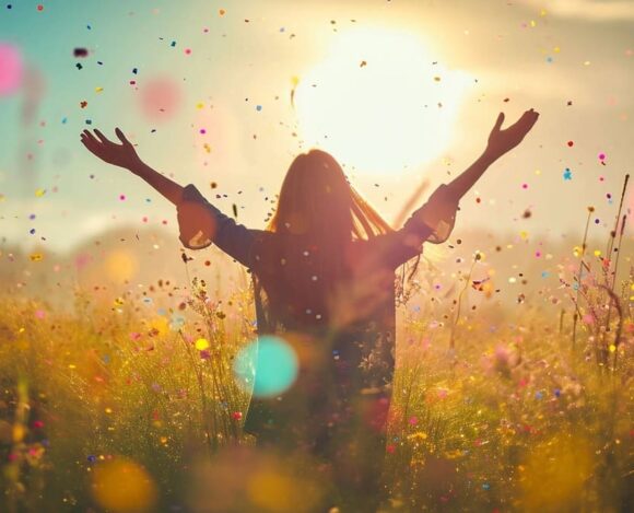 Woman enjoying freedom in a meadow with colorful confetti floating in the air at sunset