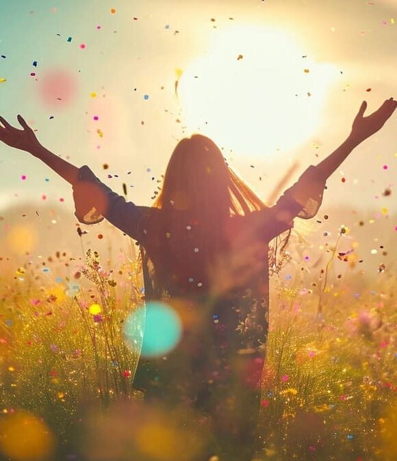 Woman enjoying freedom in a meadow with colorful confetti floating in the air at sunset