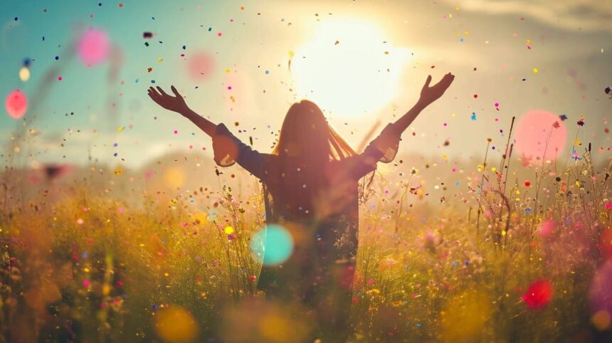 Woman enjoying freedom in a meadow with colorful confetti floating in the air at sunset