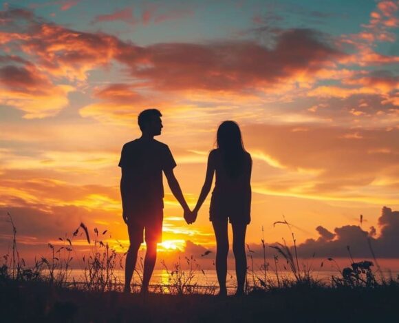 Couple holding hands against sunset sky with clouds