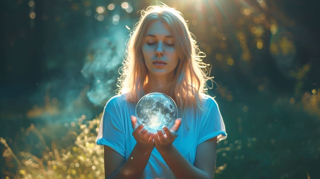 Woman holding a glowing crystal ball in a sunlit forest setting