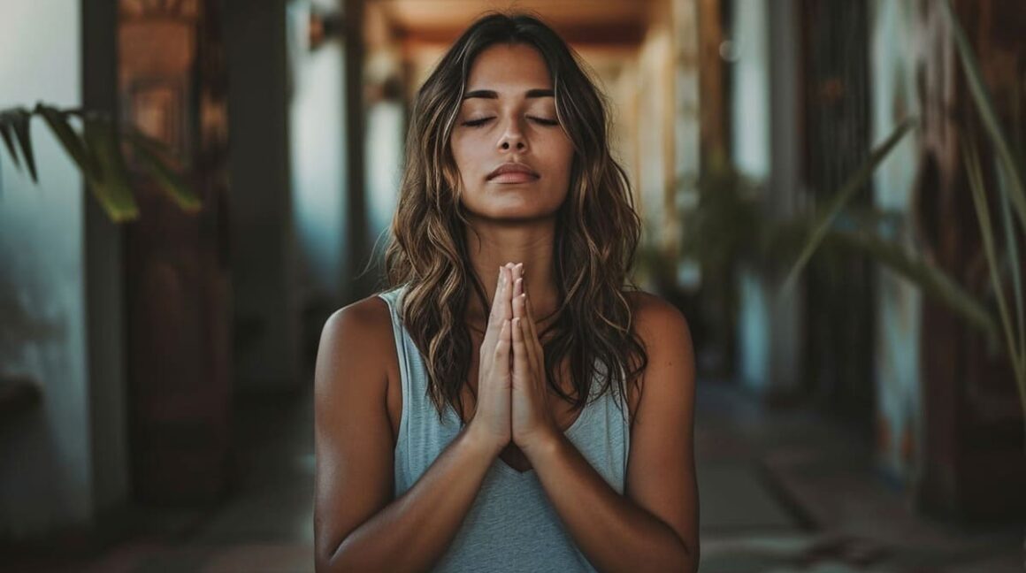 Woman practicing meditation with hands in prayer position in serene indoor environment