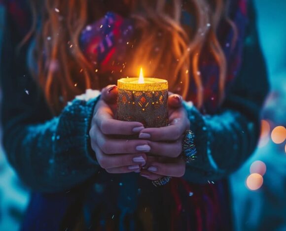 Woman holding sparkling candle in winter setting with festive bokeh lights