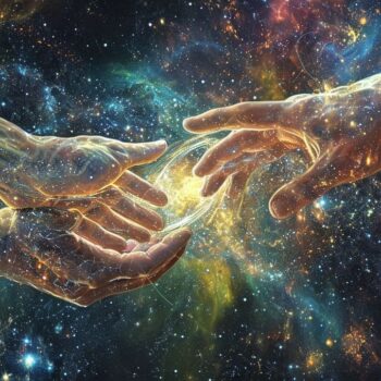 Cosmic connection concept with two human hands reaching towards each other surrounded by a vibrant galaxy and star field.