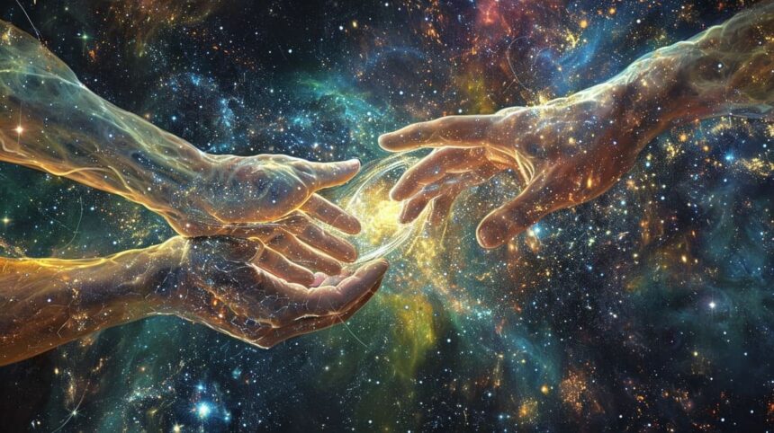 Cosmic connection concept with two human hands reaching towards each other surrounded by a vibrant galaxy and star field.