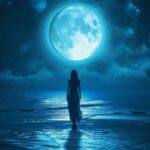Woman walking on beach under full moon at night
