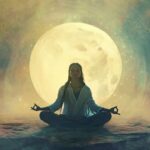 Woman meditating in lotus position with full moon in background and ethereal cosmic atmosphere.