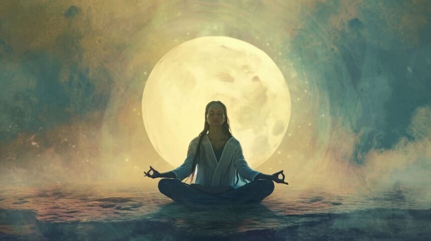 Woman meditating in lotus position with full moon in background and ethereal cosmic atmosphere.