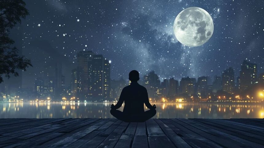 Person meditating on a wooden pier with a bright full moon and starry sky over a city skyline and calm lake.