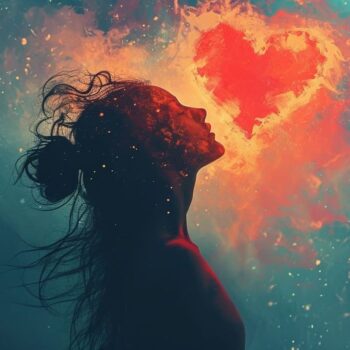 Silhouette of woman against abstract background with glowing heart-shaped light and vibrant colors