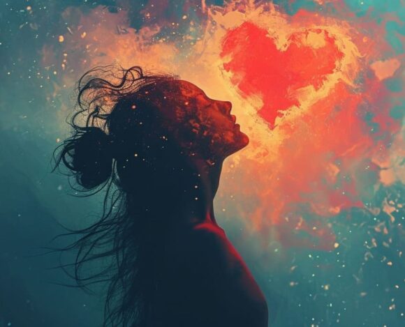 Silhouette of woman against abstract background with glowing heart-shaped light and vibrant colors