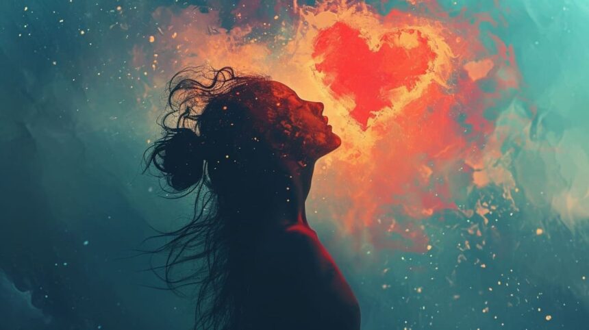 Silhouette of woman against abstract background with glowing heart-shaped light and vibrant colors