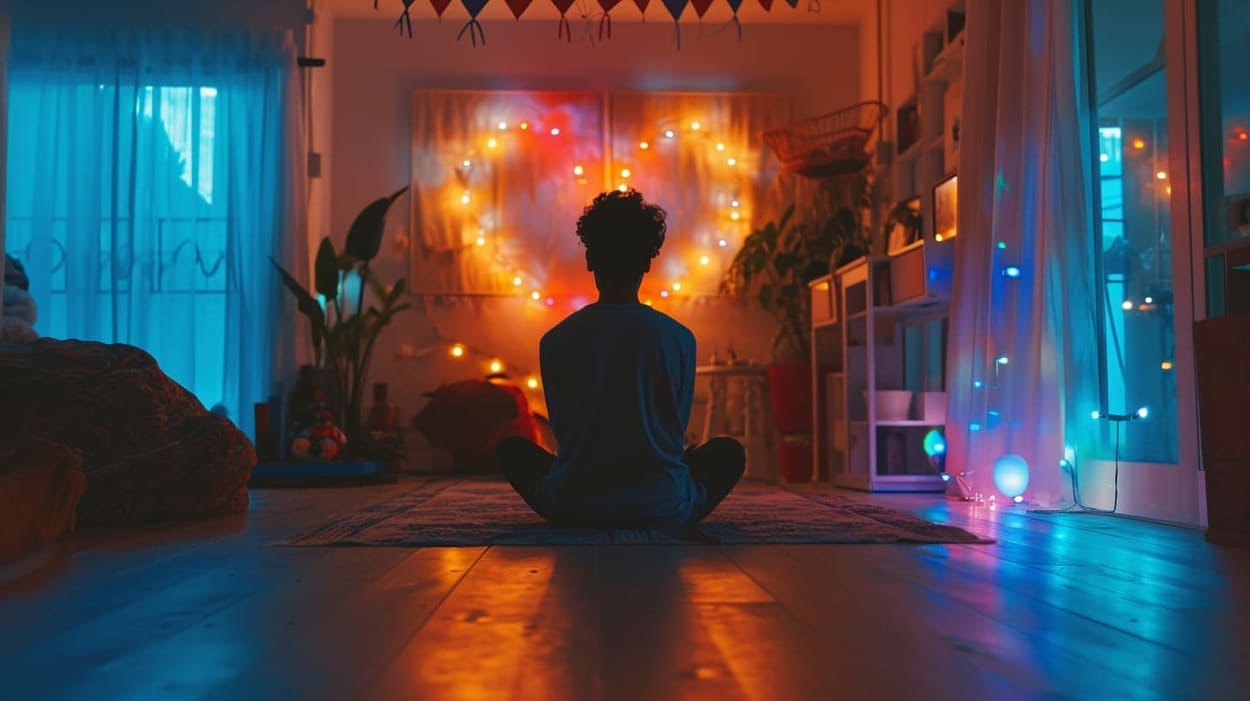 Person meditating in cozy room with ambient lighting and decorative lights