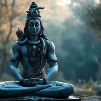 Statue of Lord Shiva meditating in a peaceful forest setting at dawn.