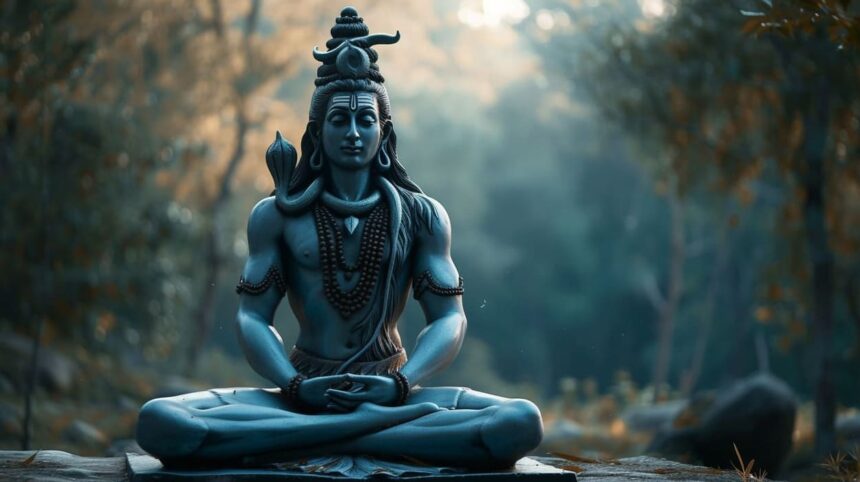 Statue of Lord Shiva meditating in a peaceful forest setting at dawn.