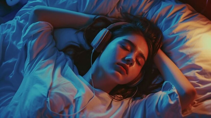 Young woman sleeping with headphones in a bed under blue lighting